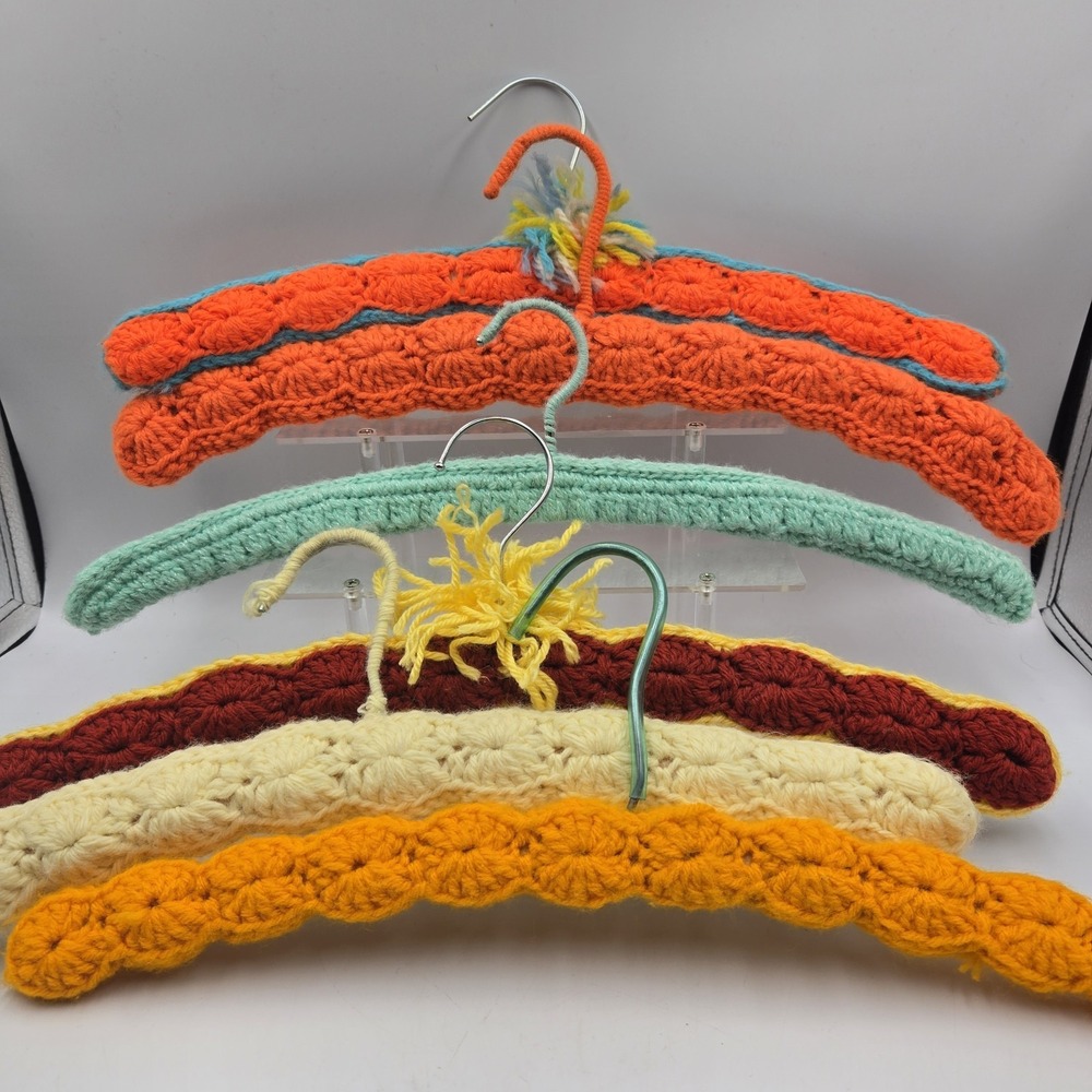 Crochet Knitted Hangers Grannycore Chic Lot of 6 VTG Handmade Wooden Countrycore